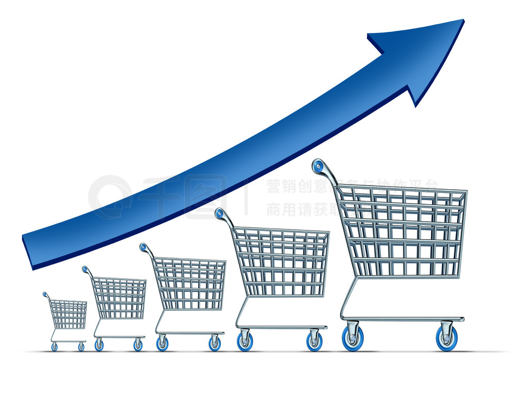 销售增加符号作为一组上升的购物车,蓝色箭头作为白色背景上成功的商业零售消费主义的隐喻上升。